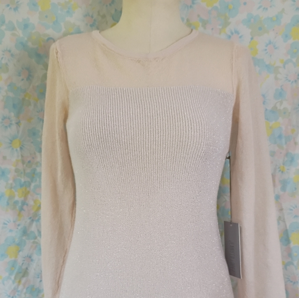 Jennifer Lopez Mesh Sleeve Elegant Cream Long Sleeve Sweater
